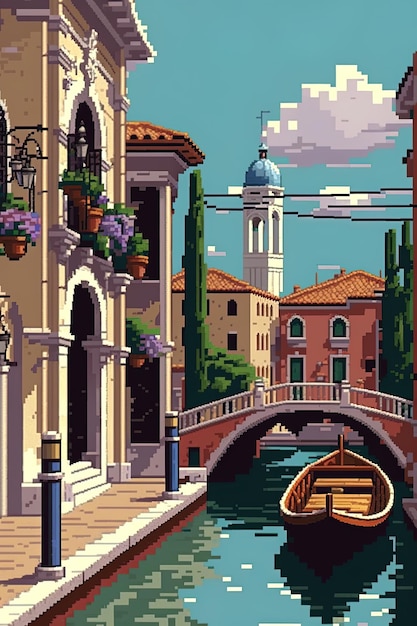 Pixel-Art-Straßenbild von Venedig Italien mit Kanal