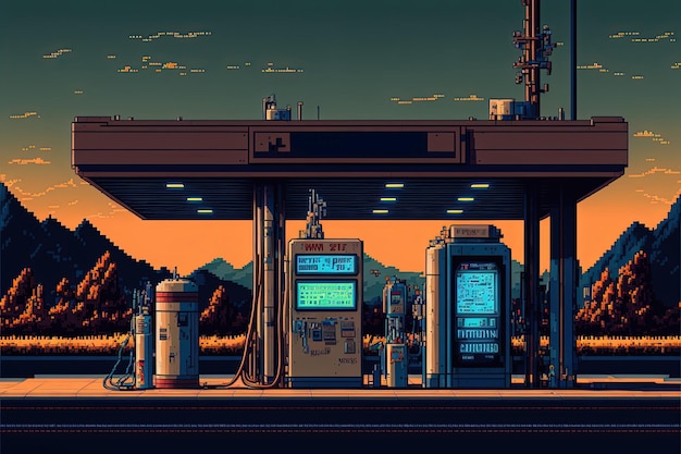 Pixel-Art-Tankstelle auf dem Straßenhintergrund im Retrostil für ein 8-Bit-Spiel Generative KI