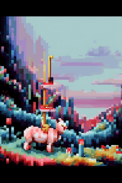 Un pixel art de un unicornio con una espada en primer plano.