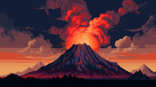 Foto pixel art volcano uma ilustração com temas ocidentais com influências tonalistas e pop art