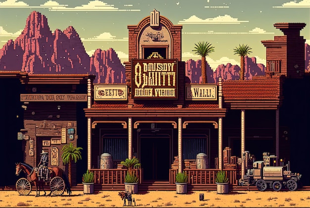 Pixel art wild west town building fondo de la ciudad del salvaje oeste en estilo retro para el juego de 8 bits AI