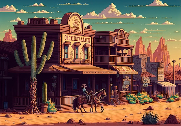 Pixel art wild west town building fondo de la ciudad del salvaje oeste en estilo retro para el juego de 8 bits AI