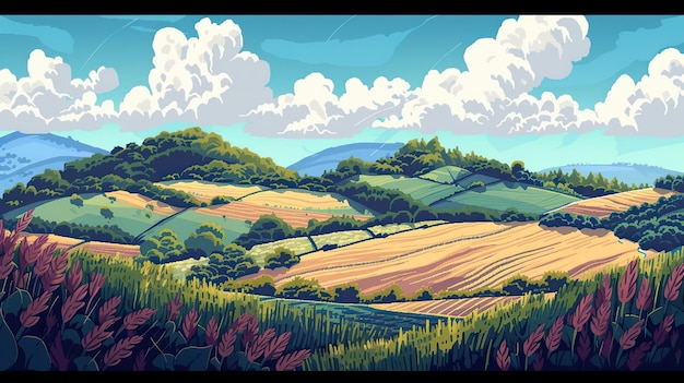 Pixel campo estilo céu nuvens centeio trigo prado grama flores espaço colheita floresta estepe arando campo de milho ouvido cavalo sementeira gerado por AI