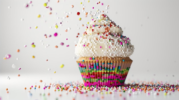 Foto pixel-cupcake mit sprinkle-stil küchencreme süßwaren geschenk rosinen gebäck tee teig kuchen kuchen ofen süß köstliches muffin essen dessert mehlform generiert von ki