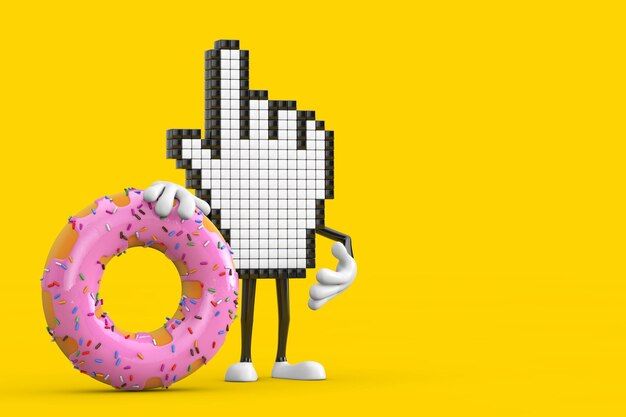 Pixel Hand Cursor Mascot Persona Carácter con Big Strawberry Pink Glazed Donut 3d Rendering