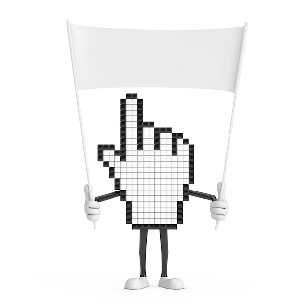 Foto pixel hand cursor mascota persona personaje y banner en blanco vacío con espacio libre para su diseño 3d rendering