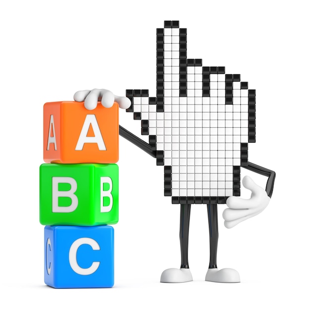 Pixel hand cursor mascote personagem com alfabeto abc educação cubos renderização 3d