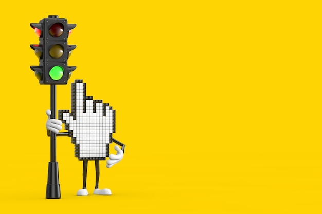 Pixel-Hand-Cursor-Maskottchen-Personen-Charakter mit 3D-Darstellung des grünen Ampels