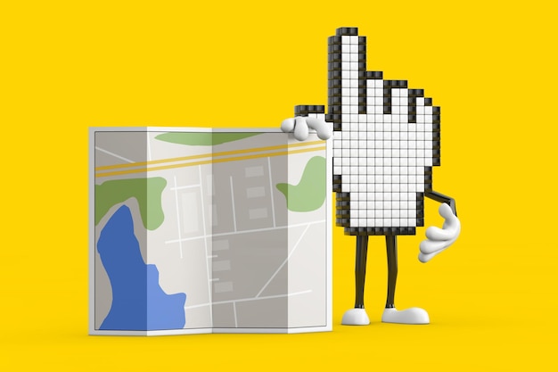 Pixel-Hand-Cursor-Maskottchen-Personencharakter mit abstrakter Stadtplan-Karten-3D-Darstellung