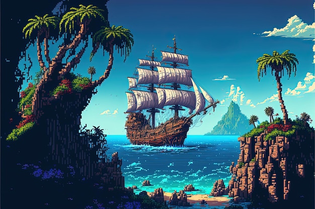 Pixel-Kunst Piratenschiff segelt auf hoher See Hintergrund im Retrostil für 8-Bit-Spiel KI