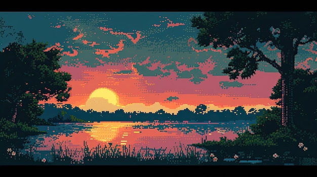 Pixel pôr do sol Estilo vegetação natureza natureza árvores sol amanhecer noite horizonte noite floresta crepúsculo beleza romance nuvens céu paisagem gerada por IA