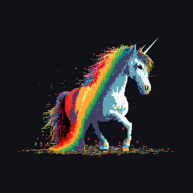Pixel unicórnio com arco-íris em fundo preto generativo ai