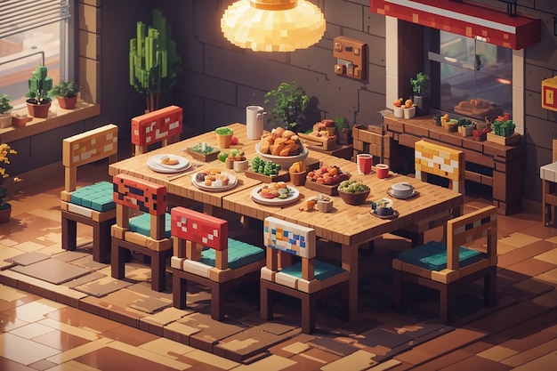 Pixelated Dining Adventure 8 Bit World Blocky Móveis e Pixel Art Delights