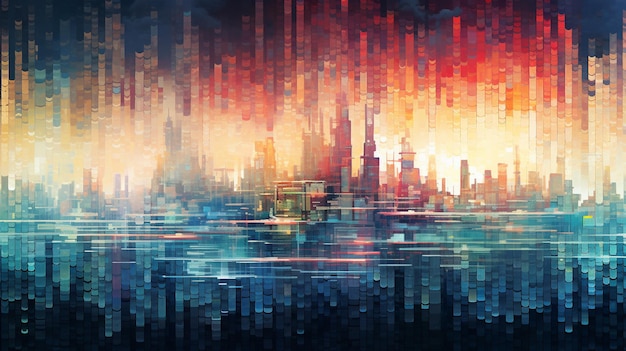 Pixelated Utopia Dieses fesselnde Kunstwerk stellt eine harmonische Verschmelzung dar, bei der sich die Grenzen zwischen Natur und Technologie auflösen und eine atemberaubende Aussicht entstehen, die die Fantasie anregt