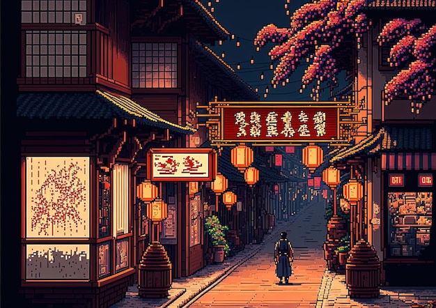 Pixelkunst chinesische Straße mit Tempellampen und Bäumen chinesischer Neujahrshintergrund 8-Bit-Spiel KI