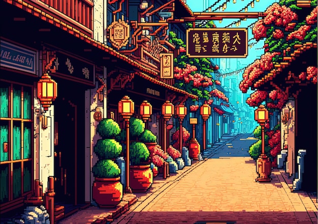 Pixelkunst chinesische Straße mit Tempellampen und Bäumen chinesischer Neujahrshintergrund 8-Bit-Spiel KI