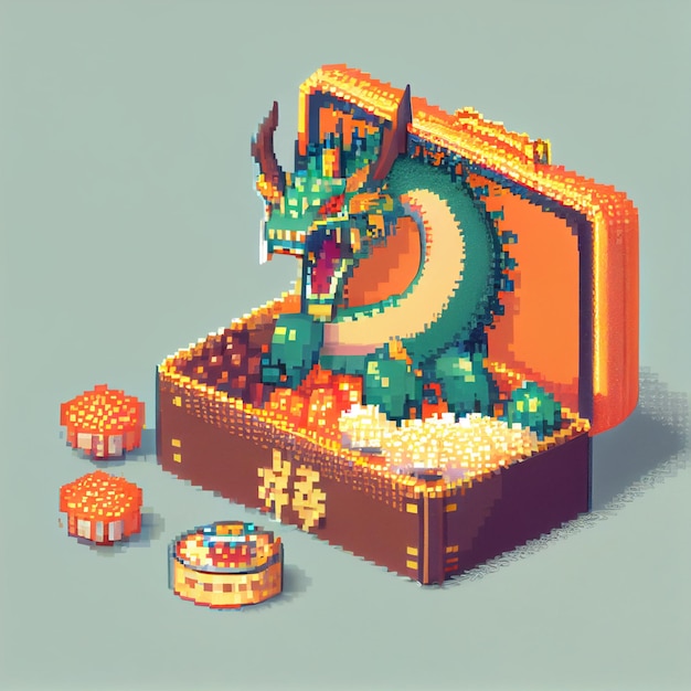 Pixelkunst eines Drachen in einem Koffer mit einer generativen Kuchen-KI