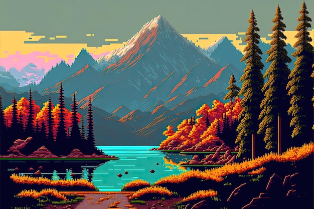 Pixelkunst natürliche Landschaft mit 80er Jahren Farben mit Bäumen See und Berge Hintergrund 8-Bit-Spiel KI