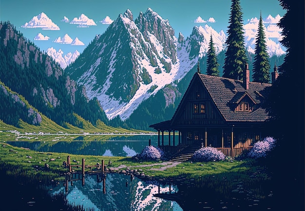 Pixelkunst schweizerischer Landschaften mit Haus, Kiefern, See und Bergen Hintergrund 8 Bit-Spiel KI