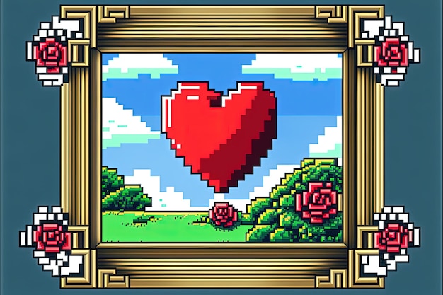 Pixelkunst-Valentinstagrahmen mit Herzhintergrund im Retro- und 8-Bit-Stil. Generative KI