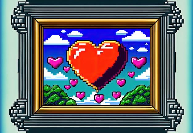 Pixelkunst-Valentinstagrahmen mit Herzhintergrund im Retro- und 8-Bit-Stil. Generative KI