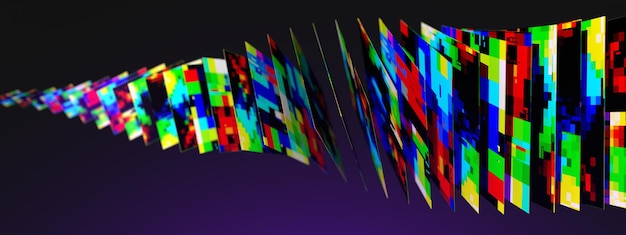 Pixels coloridos digitais na forma de arquivos finos quadrados estão localizados à distância, como cartões voando para longe e borrados