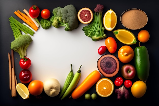 Una pizarra blanca con frutas y verduras.