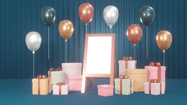 Foto pizarra blanca de pie en la calle con cajas y globos presentes en el fondo para el diseño comercial