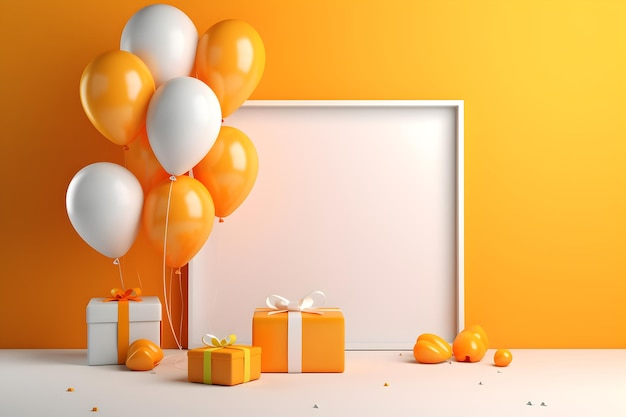 una pizarra blanca sobre un fondo amarillo con regalos y globos