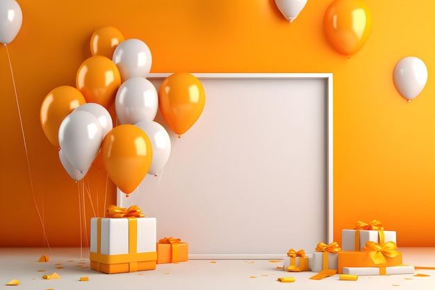 una pizarra blanca sobre un fondo amarillo con regalos y globos