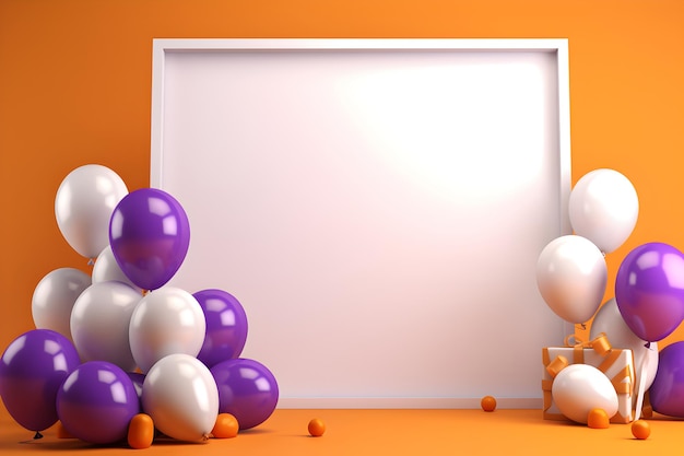 una pizarra blanca sobre un fondo morado con regalos y globos