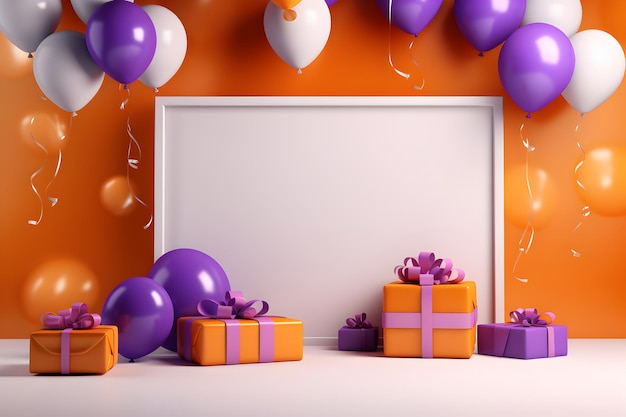 una pizarra blanca sobre un fondo morado con regalos y globos