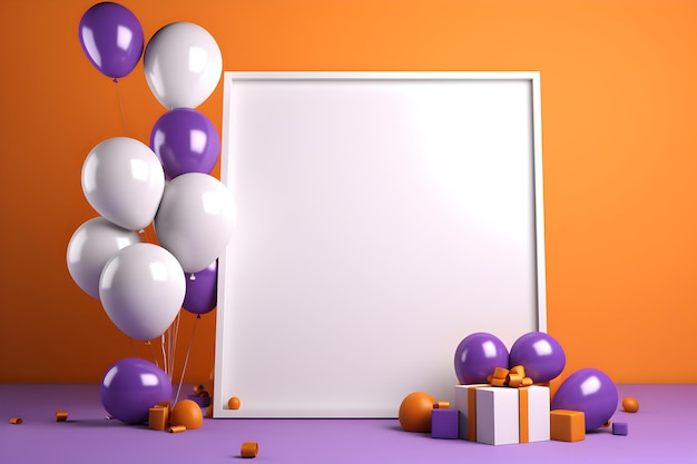 una pizarra blanca sobre un fondo morado con regalos y globos