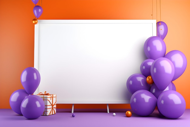 una pizarra blanca sobre un fondo morado con regalos y globos