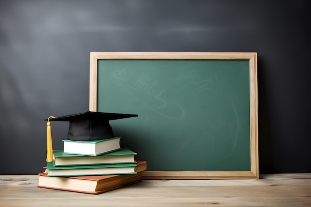 Pizarra en blanco con libros y gorra de graduación que simboliza el comienzo de una nueva aventura de aprendizaje