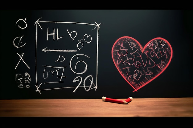 Una pizarra con un corazón y una ecuación matemática.