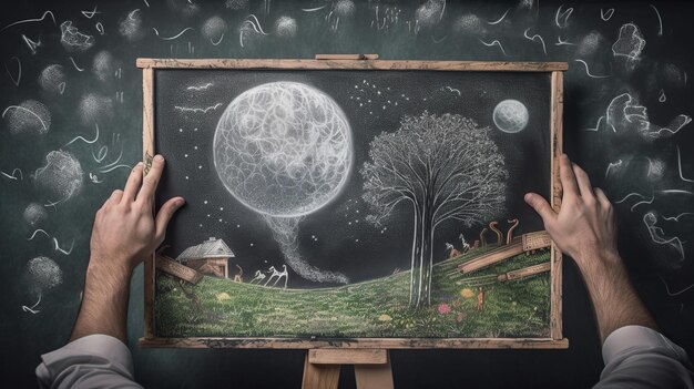 Una pizarra con un dibujo de una luna y un árbol.