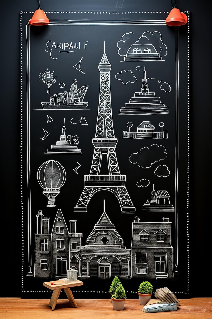 Foto pizarra en estilo 3d con concepto de pixar hay 3 dibujos de edificios en la pizarra un eiffel