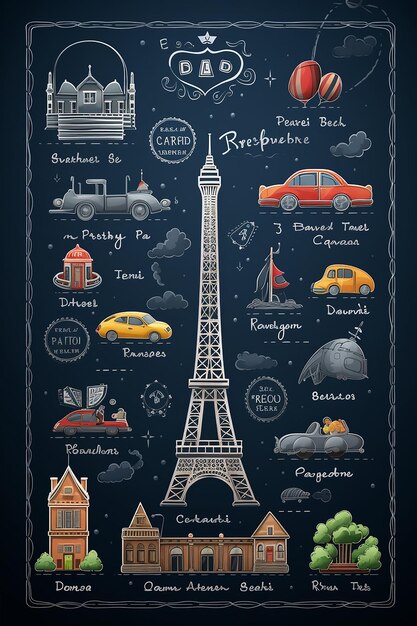 pizarra en estilo 3D con concepto de pixar hay 3 dibujos de edificios en la pizarra un Eiffel