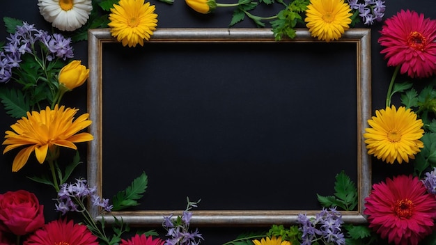 una pizarra con flores y una pizarra en el fondo