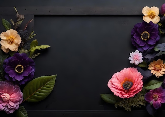 Pizarra con flores sobre fondo negro Ai Generativo