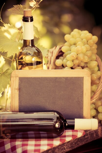 Pizarra de madera en blanco, botella de vino y uvas de vid en otoño