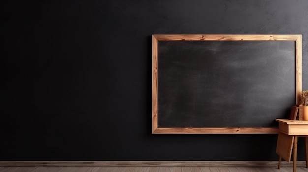 Una pizarra con un marco de madera en la pared está colgada con un marco de madera.