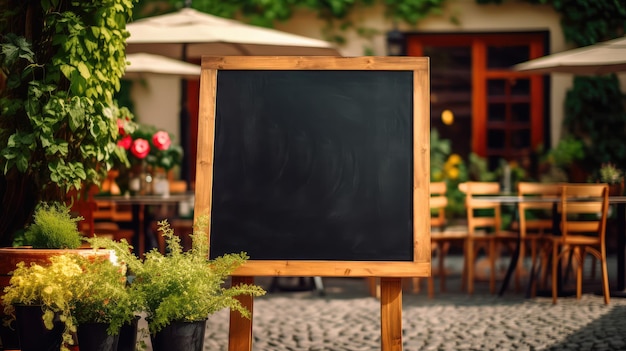 Foto pizarra para el menú de un restaurante en la terraza