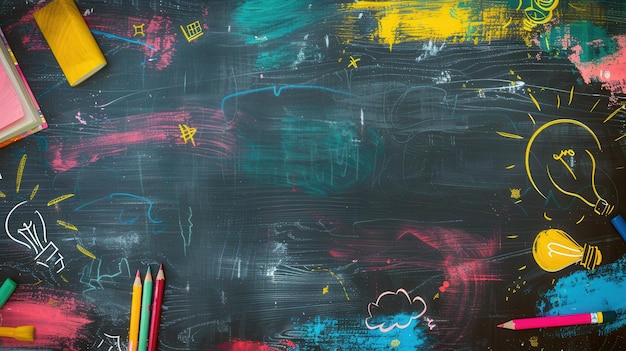 Una pizarra muestra pinceladas coloridas y dibujos detallados de globos, reglas, calculadoras, lápices y bombillas que mejoran la estética del aula.
