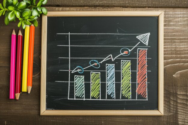 Foto una pizarra que muestra un gráfico se coloca junto a un surtido de lápices de colores diagrama de un plan de crecimiento de ventas exitoso dibujado en una pizarra ai generado