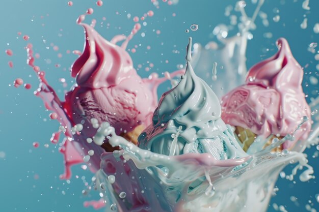 Una pizca de helado rosa y azul en un vaso