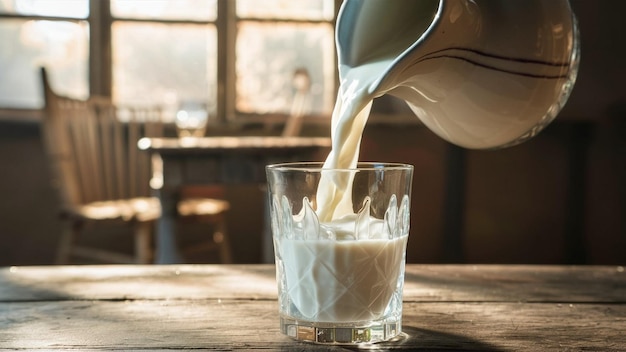 Una pizca de leche en una jarra de vidrio llena