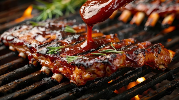 Foto una pizca de salsa de barbacoa picante que se cepilla en las costillas a la parrilla