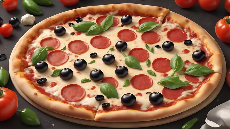 Una pizza con aceitunas y aceitunas encima.